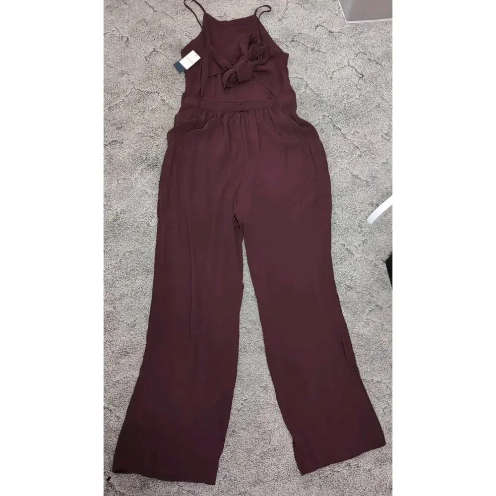 Abercrombie & Fitch Back Bow Tie Jumpsuit Burgundy Women's L Preppy Beach (973) - Picture 2 of 6